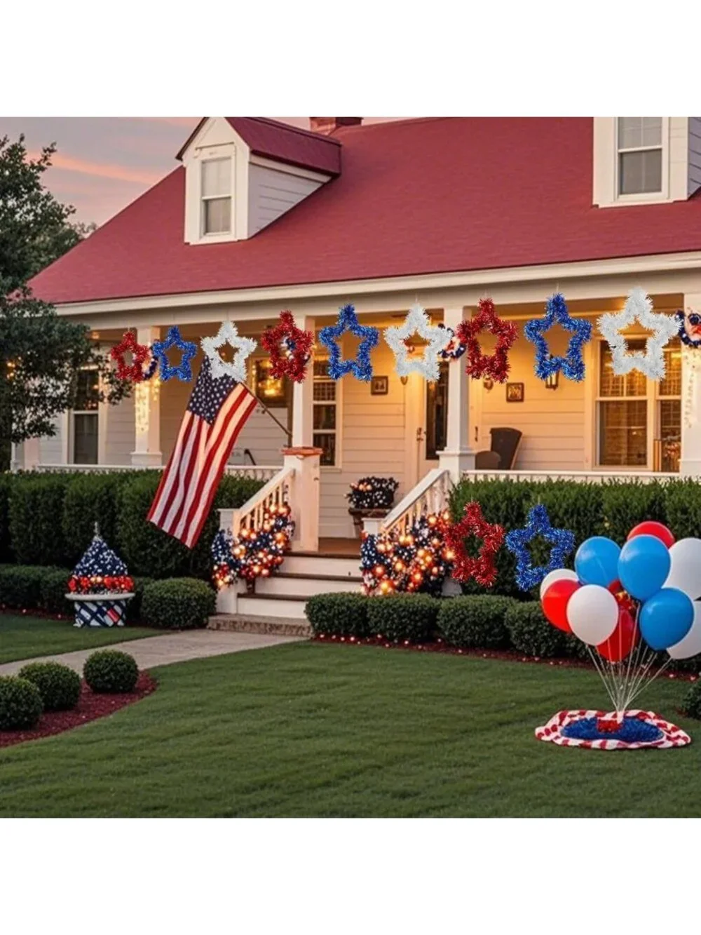 Patriotic 4th of July Wreath for Front Door - 12 Pcs Star Tinsel Decor